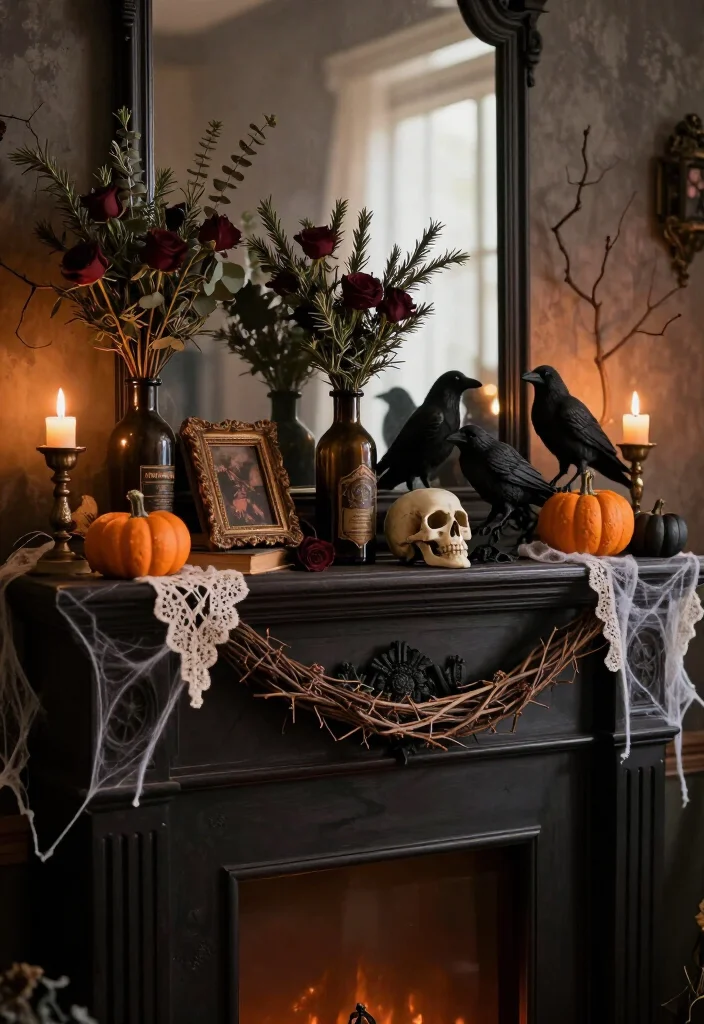 17 DIY Halloween Mantel Ideas That Look Straight Out of a Haunted Mansion (Even Beginners Can Try #8!) - 7. Give the Mantel a Raven-and-Rosemary Theme 1