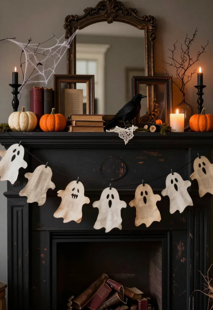 17 DIY Halloween Mantel Ideas That Look Straight Out of a Haunted Mansion (Even Beginners Can Try #8!) - 8. Create a Beginner-Friendly Book-Page Ghost Garland 1
