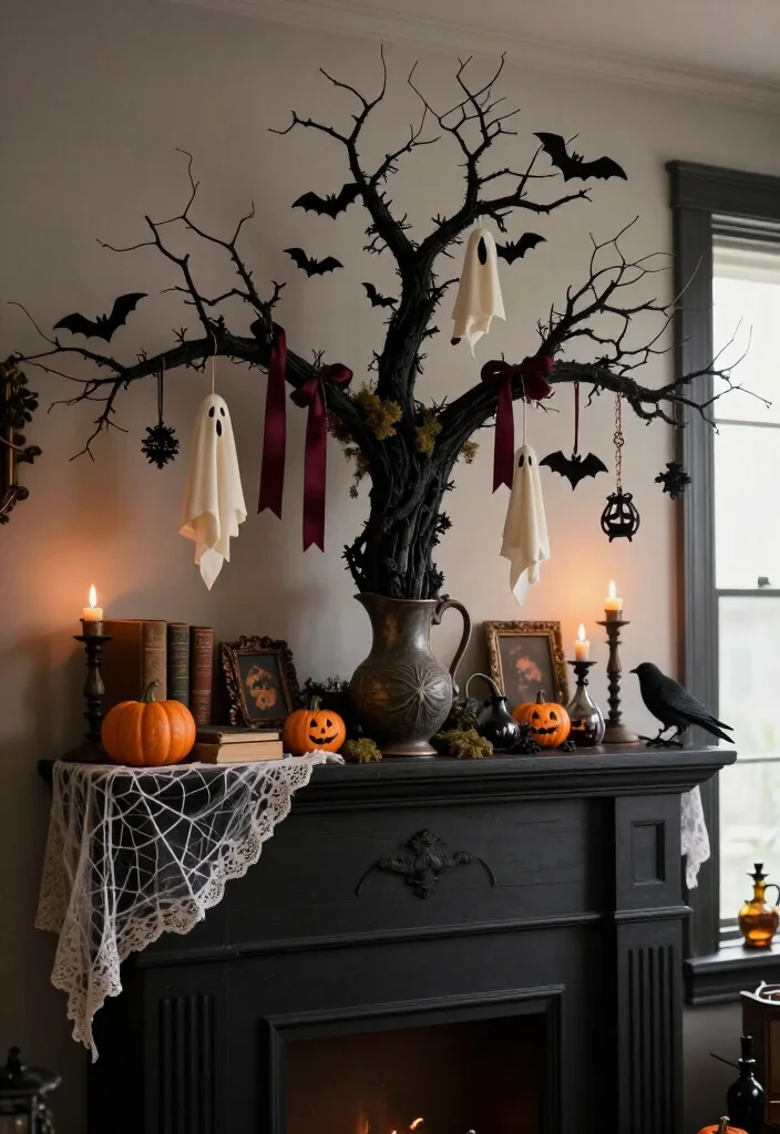 17 DIY Halloween Mantel Ideas That Look Straight Out of a Haunted Mansion (Even Beginners Can Try #8!) - 9. Turn Dried Branches into a Crooked Halloween Tree 1