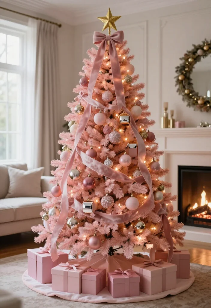 17 Delightful Pink Christmas Tree Decorating Ideas That’ll Make Your Holidays Feel Absolutely Magical - 1. Wrap the Tree in Blush Velvet Ribbon 1