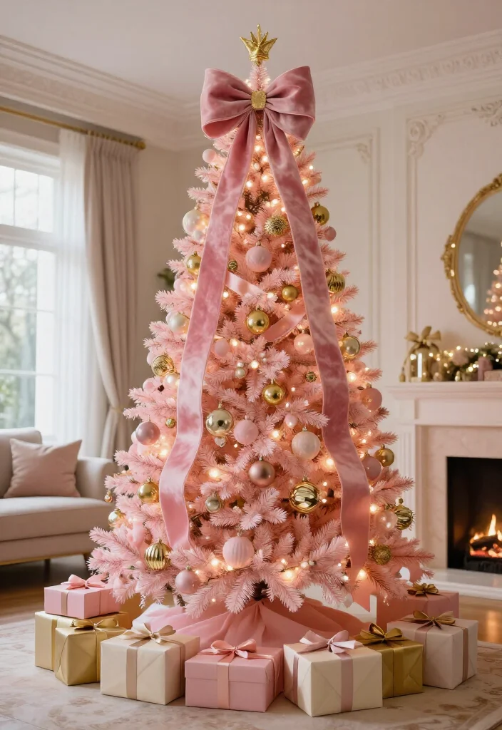 17 Delightful Pink Christmas Tree Decorating Ideas That’ll Make Your Holidays Feel Absolutely Magical - 10. Let Oversized Bows Steal the Show 1