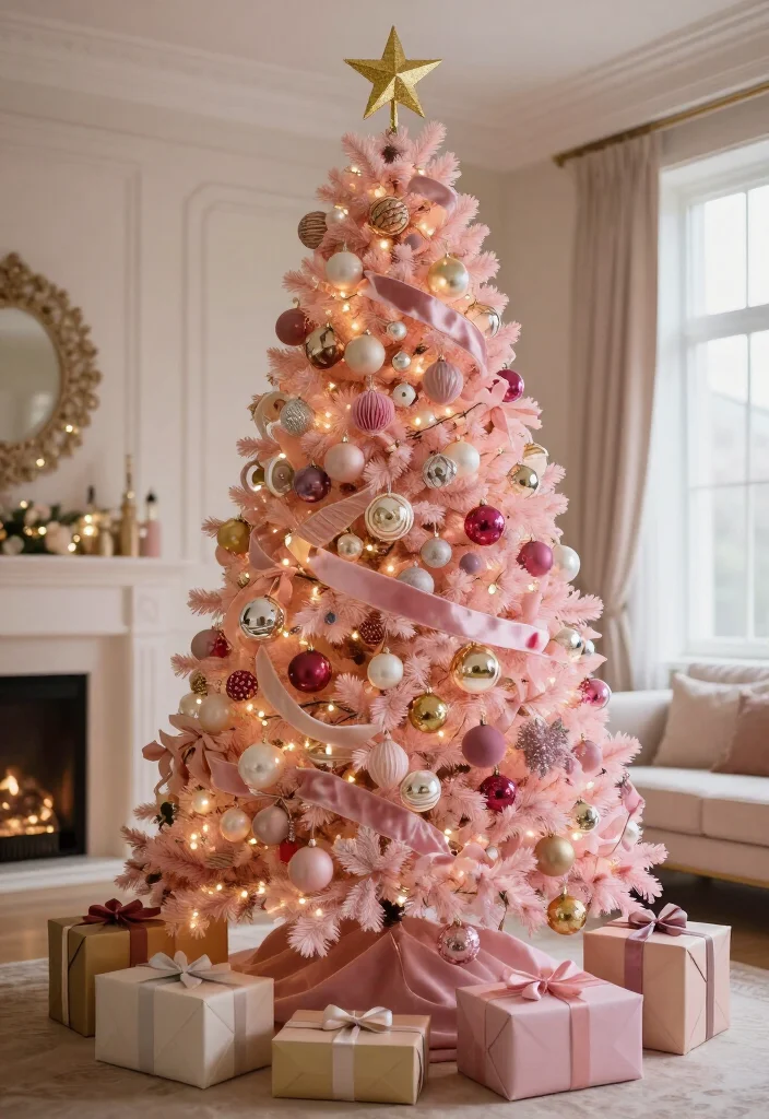17 Delightful Pink Christmas Tree Decorating Ideas That’ll Make Your Holidays Feel Absolutely Magical - 17. Finish with a Statement Topper and Coordinated Base 1