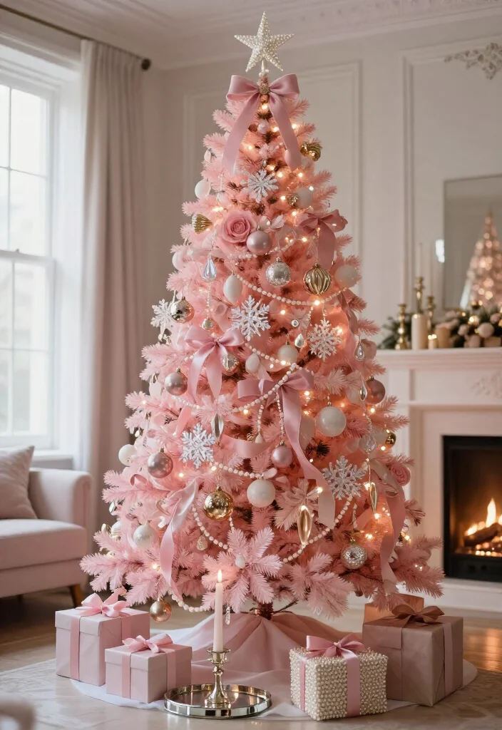 17 Delightful Pink Christmas Tree Decorating Ideas That’ll Make Your Holidays Feel Absolutely Magical - 4. Add Pearls and Crystal for a Winter Romance 1