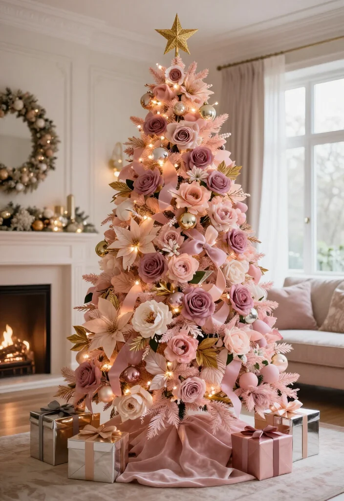 17 Delightful Pink Christmas Tree Decorating Ideas That’ll Make Your Holidays Feel Absolutely Magical - 9. Tuck in Pink Florals for a Romantic Tree 1