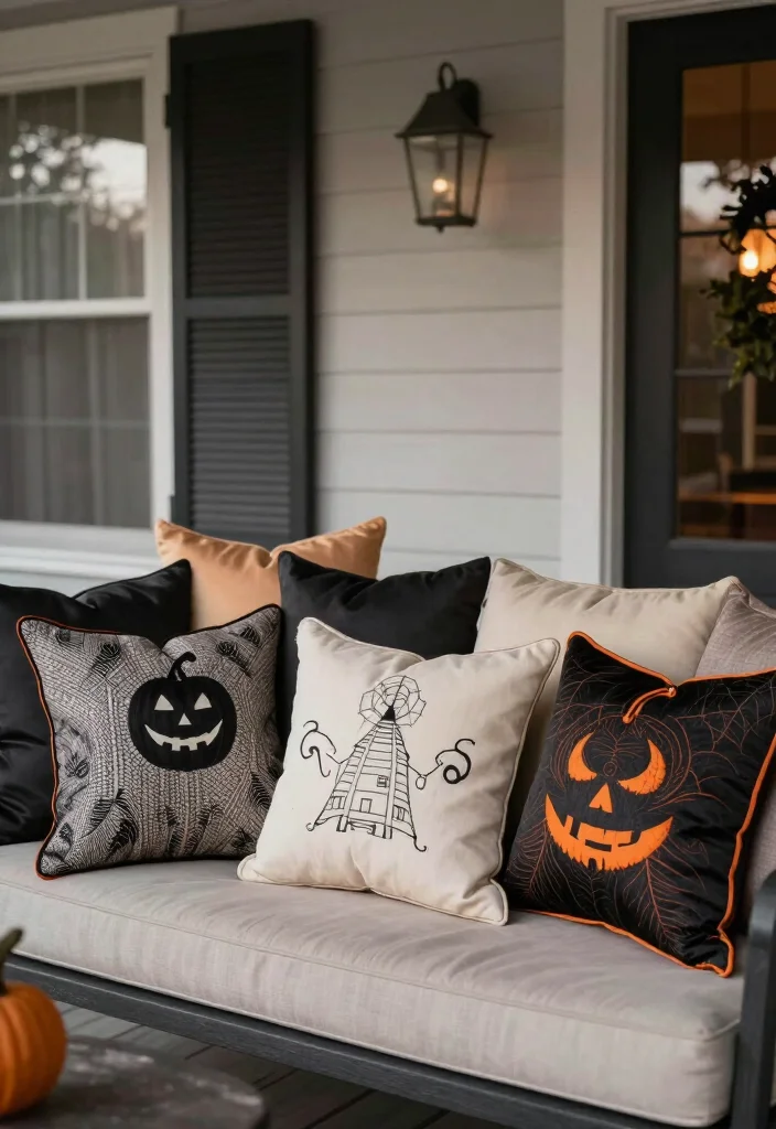 17 Elegant Halloween Front Porch Decor Ideas Your Neighbors Will Envy! - 17. Themed Throw Pillows 1
