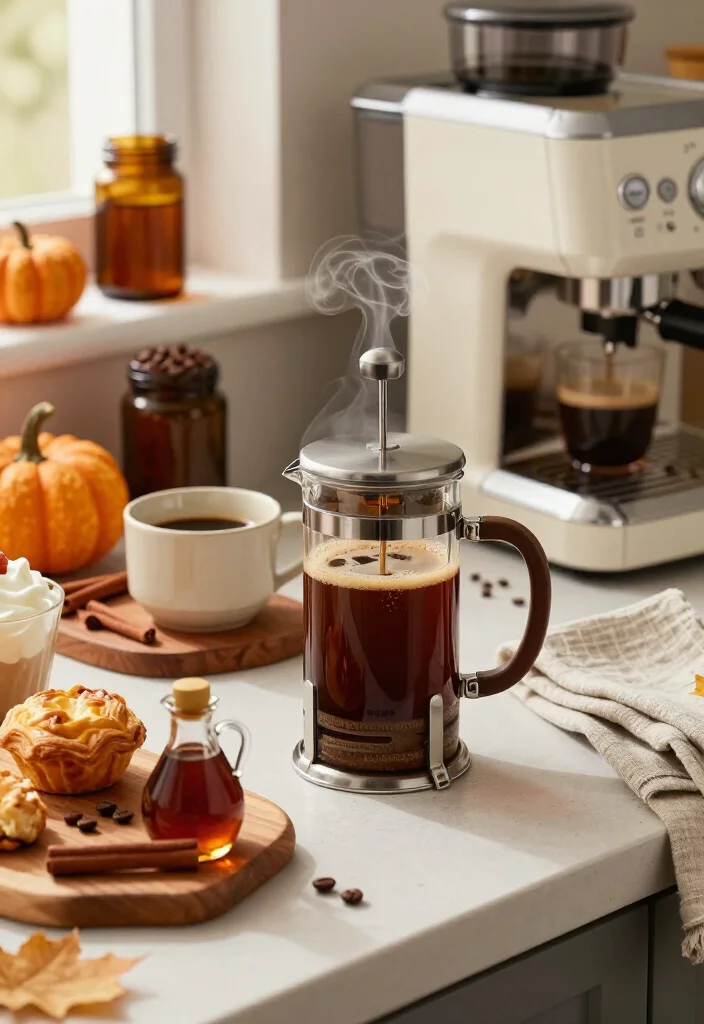 17 Fall Coffee Bar Ideas That’ll Make Your Home Feel Like a Cozy Café (You’ll Want to Copy #7!) 14 17 Fall Coffee Bar Ideas That’ll Make Your Home Feel Like a Cozy Café (You’ll Want to Copy #7!) - 3. Give a French Press Its Cozy Café Moment 1