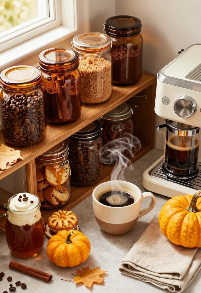 17 Fall Coffee Bar Ideas That’ll Make Your Home Feel Like a Cozy Café (You’ll Want to Copy #7!) 17 17 Fall Coffee Bar Ideas That’ll Make Your Home Feel Like a Cozy Café (You’ll Want to Copy #7!) - 6. Create an Amber Jar Pantry Corner 1