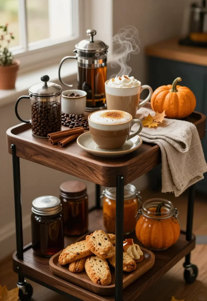 17 Fall Coffee Bar Ideas That’ll Make Your Home Feel Like a Cozy Café (You’ll Want to Copy #7!) 21 17 Fall Coffee Bar Ideas That’ll Make Your Home Feel Like a Cozy Café (You’ll Want to Copy #7!) - 8. Turn a Tiny Rolling Cart Into a Coffee Bar 1