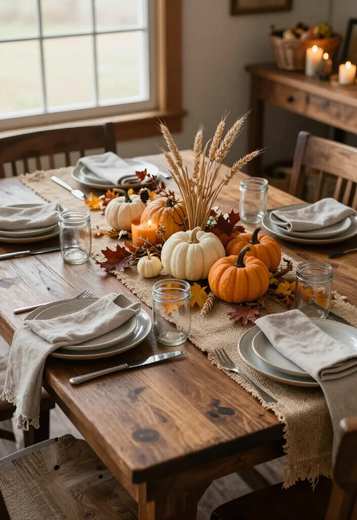 17 Farmhouse Thanksgiving Decor Ideas with Rustic Charm That'll Make Your Table the Talk of the Feast! 2 17 Farmhouse Thanksgiving Decor Ideas with Rustic Charm That'll Make Your Table the Talk of the Feast! - 1. Build a Wheat and Mini Pumpkin Table Runner 1