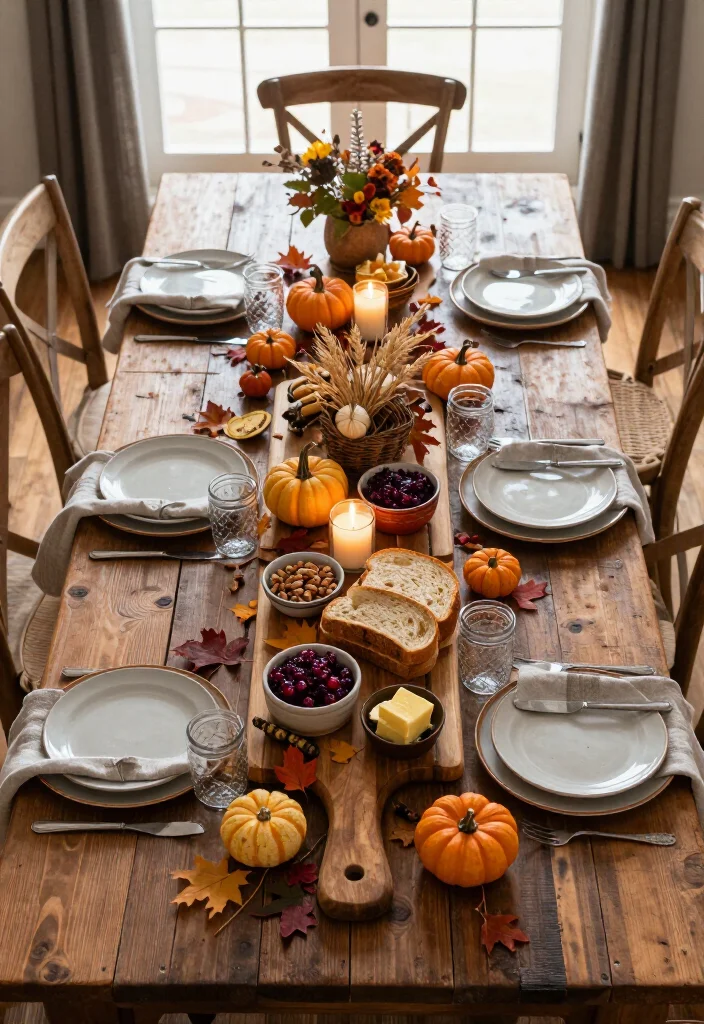 17 Farmhouse Thanksgiving Decor Ideas with Rustic Charm That'll Make Your Table the Talk of the Feast! 45 17 Farmhouse Thanksgiving Decor Ideas with Rustic Charm That'll Make Your Table the Talk of the Feast! - 12. Use a Wooden Breadboard as a Shared Centerpiece 1