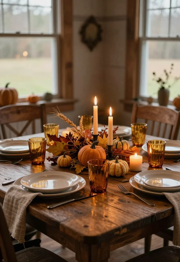 17 Farmhouse Thanksgiving Decor Ideas with Rustic Charm That'll Make Your Table the Talk of the Feast! 56 17 Farmhouse Thanksgiving Decor Ideas with Rustic Charm That'll Make Your Table the Talk of the Feast! - 13. Create a Glow with Amber Glass and Taper Candles 1