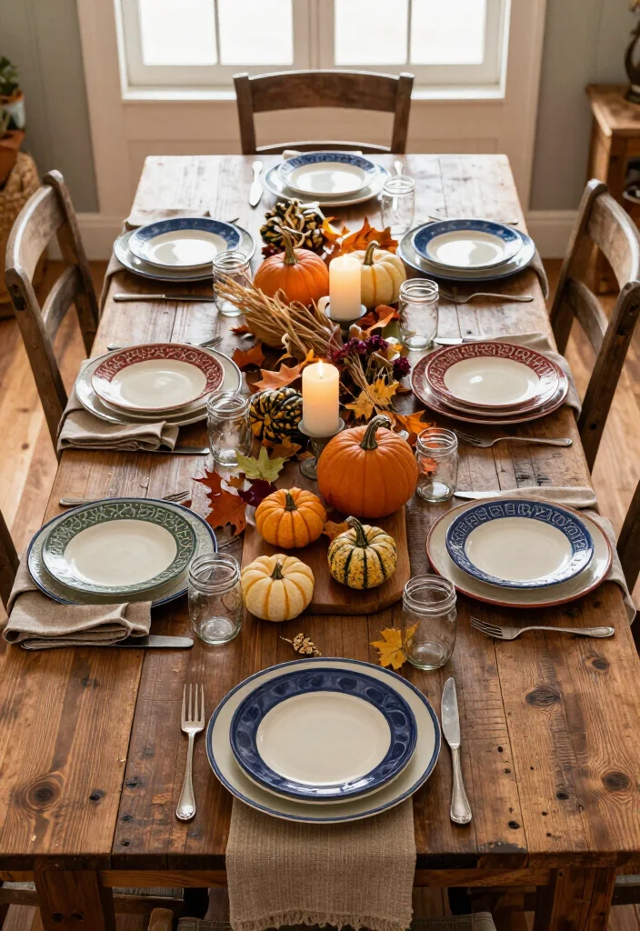 17 Farmhouse Thanksgiving Decor Ideas with Rustic Charm That'll Make Your Table the Talk of the Feast! 58 17 Farmhouse Thanksgiving Decor Ideas with Rustic Charm That'll Make Your Table the Talk of the Feast! - 14. Mix Thrifted Transferware with Everyday Dishes 1