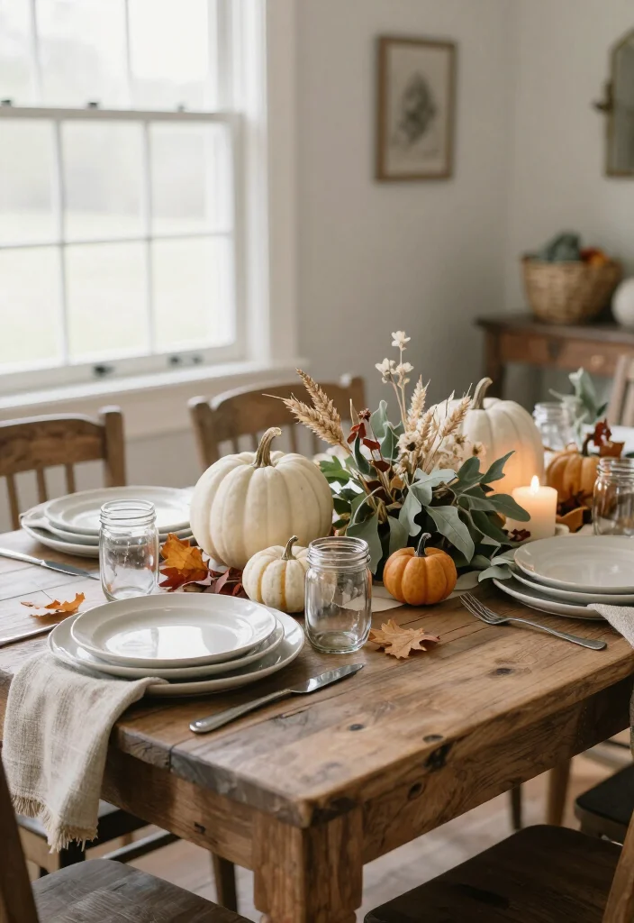 17 Farmhouse Thanksgiving Decor Ideas with Rustic Charm That'll Make Your Table the Talk of the Feast! 59 17 Farmhouse Thanksgiving Decor Ideas with Rustic Charm That'll Make Your Table the Talk of the Feast! - 15. Keep the Palette Soft with White Pumpkins and Sage 1