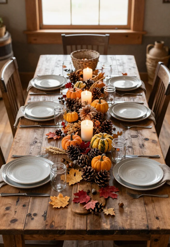 17 Farmhouse Thanksgiving Decor Ideas with Rustic Charm That'll Make Your Table the Talk of the Feast! 71 17 Farmhouse Thanksgiving Decor Ideas with Rustic Charm That'll Make Your Table the Talk of the Feast! - 17. Finish with Pinecones, Leaves, and Woodland Texture 1