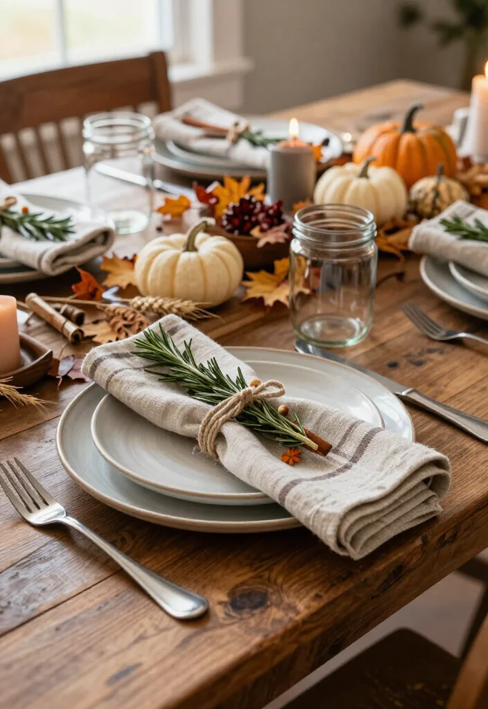 17 Farmhouse Thanksgiving Decor Ideas with Rustic Charm That'll Make Your Table the Talk of the Feast! 4 17 Farmhouse Thanksgiving Decor Ideas with Rustic Charm That'll Make Your Table the Talk of the Feast! - 3. Tie Napkins with Rosemary, Twine, and Tiny Pumpkins 1