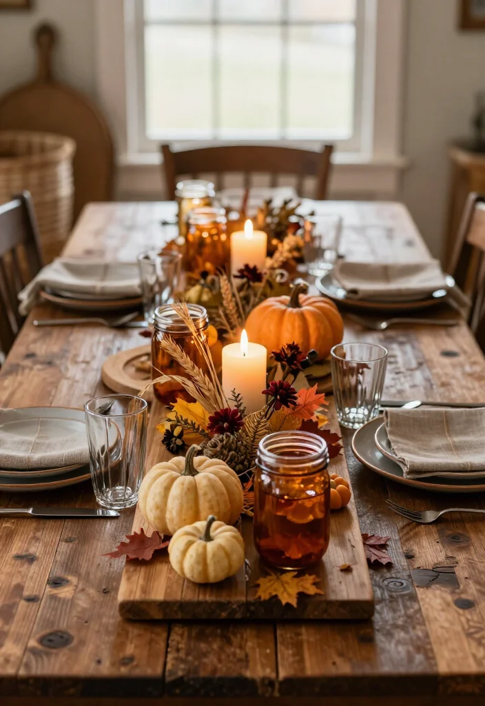 17 Farmhouse Thanksgiving Decor Ideas with Rustic Charm That'll Make Your Table the Talk of the Feast! 15 17 Farmhouse Thanksgiving Decor Ideas with Rustic Charm That'll Make Your Table the Talk of the Feast! - 4. Group Mason Jar Candles in a Low Centerpiece 1