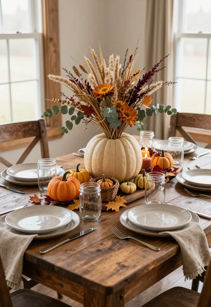 17 Farmhouse Thanksgiving Decor Ideas with Rustic Charm That'll Make Your Table the Talk of the Feast! 38 17 Farmhouse Thanksgiving Decor Ideas with Rustic Charm That'll Make Your Table the Talk of the Feast! - 7. Make a Dried Flower Pumpkin the Star of the Table 1