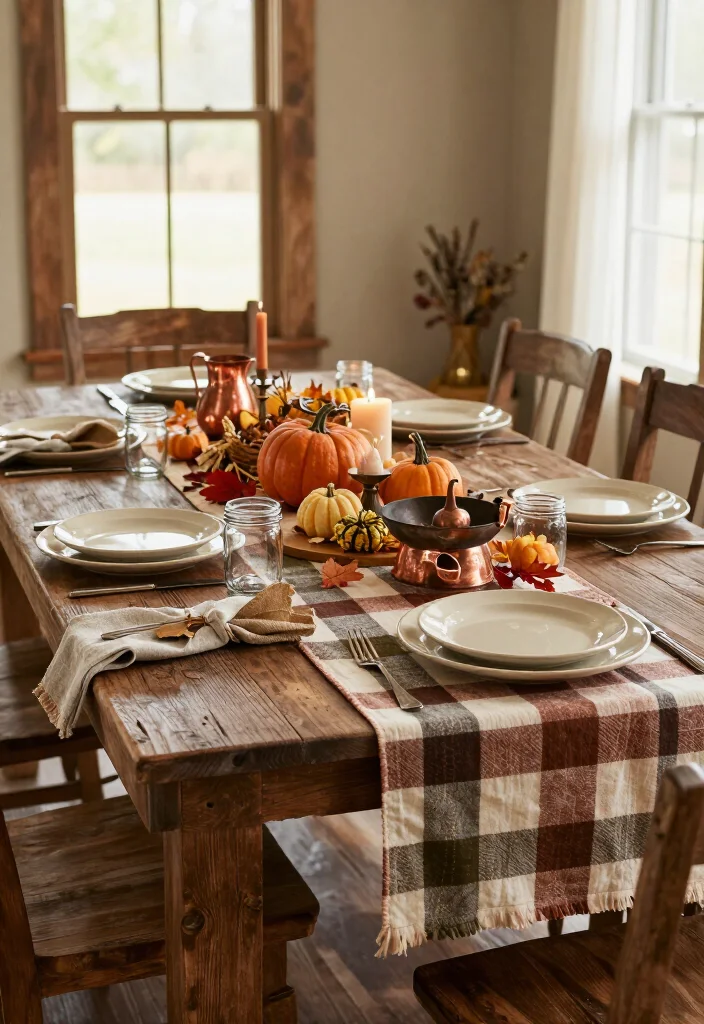 17 Farmhouse Thanksgiving Decor Ideas with Rustic Charm That'll Make Your Table the Talk of the Feast! 41 17 Farmhouse Thanksgiving Decor Ideas with Rustic Charm That'll Make Your Table the Talk of the Feast! - 8. Add a Faded Plaid Runner and Aged Copper Accents 1