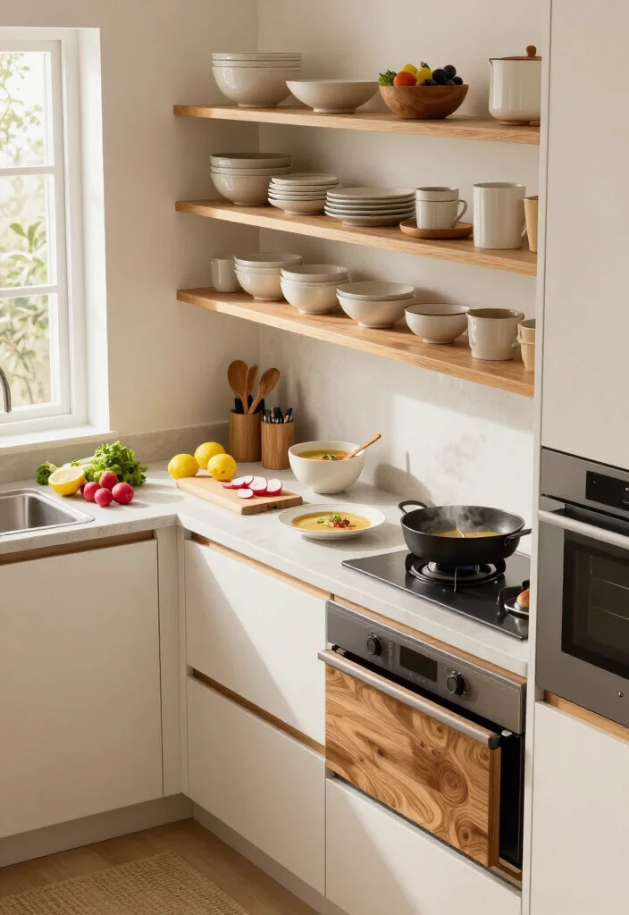 17 Galley Kitchen with Island Ideas That Make Small Spaces Feel Surprisingly Huge (#9 Is Pure Genius!) - 6. Keep One Shelf Open for Air and Everyday Dishes 1