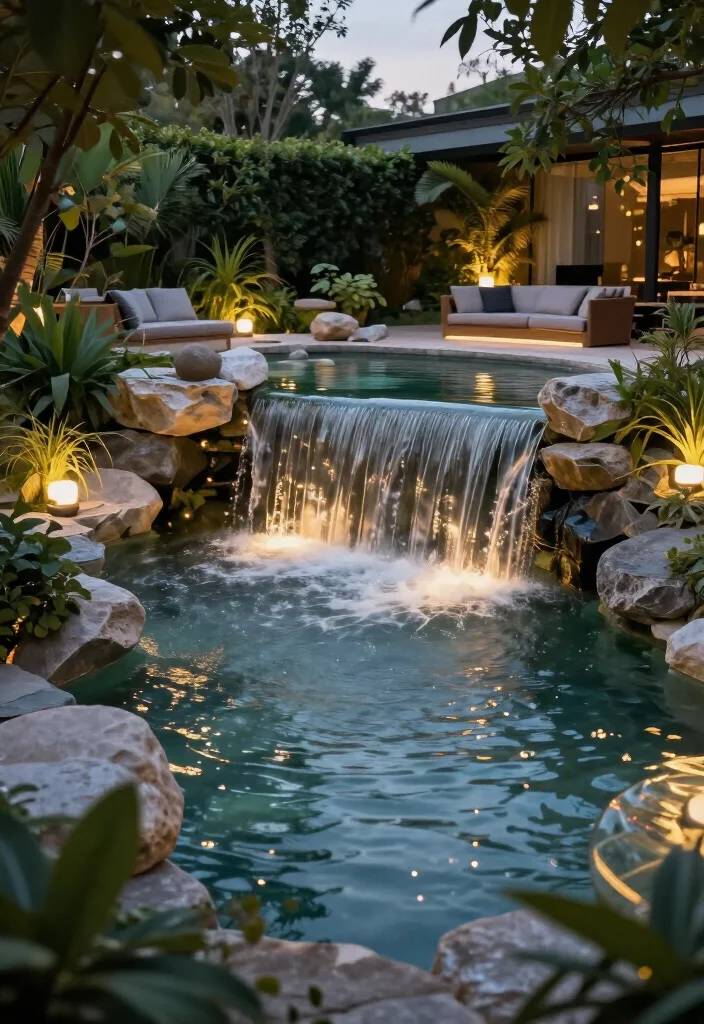 17 Gorgeous Small Ponds with Waterfalls That Will Transform Your Backyard into a Dreamy Oasis! - 11. Elegant Waterfall Pond with Decorative Lighting 1