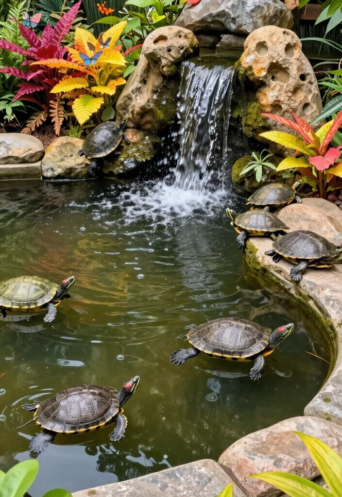 17 Gorgeous Small Ponds with Waterfalls That Will Transform Your Backyard into a Dreamy Oasis! - 14. Playful Pond with Small Waterfall and Turtles 1