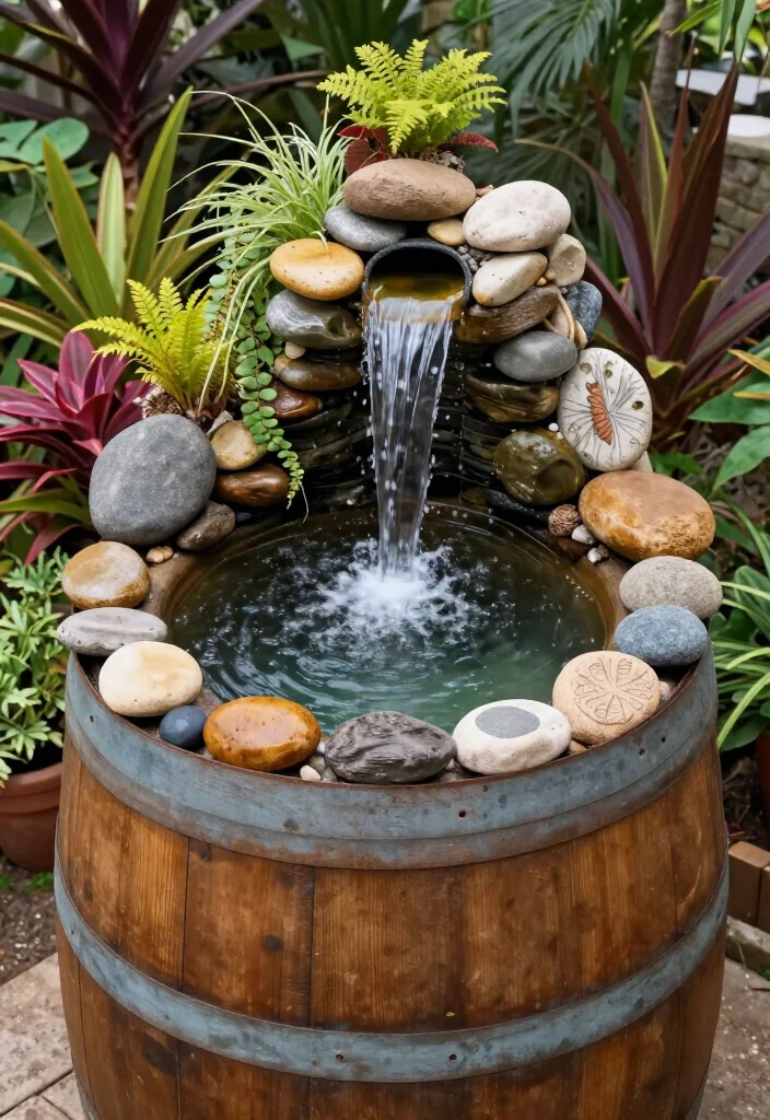 17 Gorgeous Small Ponds with Waterfalls That Will Transform Your Backyard into a Dreamy Oasis! - 16. Artistic Wine Barrel Pond with Mini Waterfall 1
