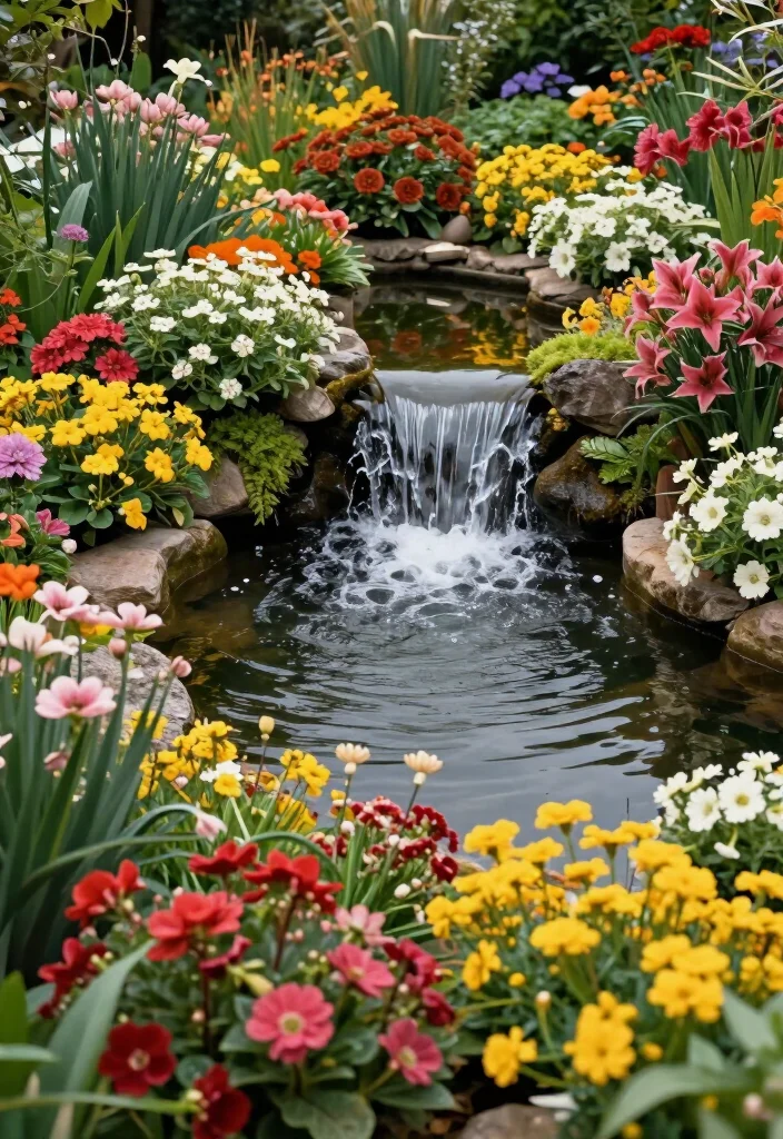 17 Gorgeous Small Ponds with Waterfalls That Will Transform Your Backyard into a Dreamy Oasis! - 17. Seasonal Pond with Rotating Flora and Waterfalls 1