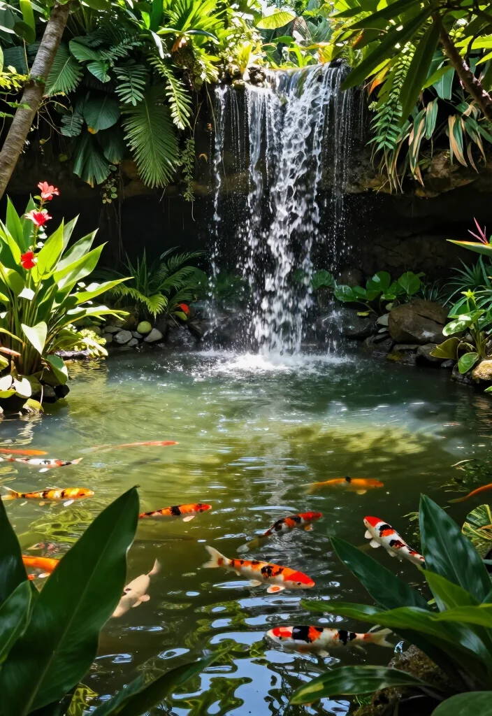 17 Gorgeous Small Ponds with Waterfalls That Will Transform Your Backyard into a Dreamy Oasis! - 3. Tropical Paradise Pond with Waterfalls 1