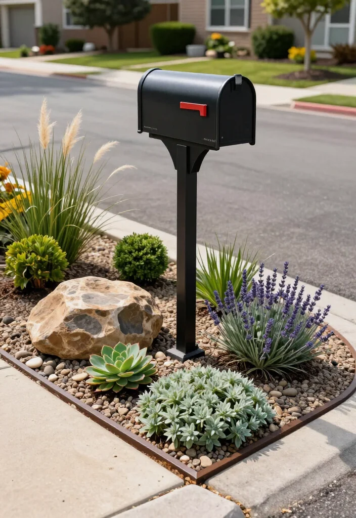17+ Mailbox Landscaping Ideas That'll Make Your Curb Appeal Impossible to Ignore (#9 Is Seriously Stunning!) - 11. A Water-Wise Succulent and Stone Bed 1