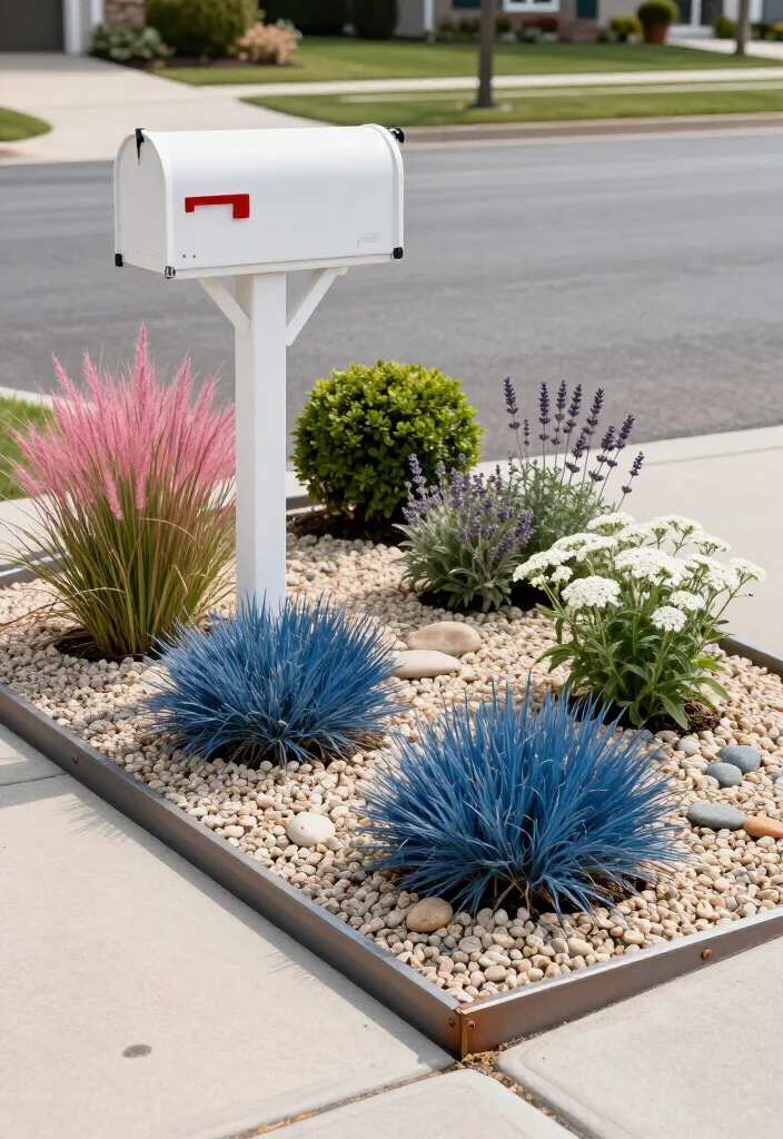 17+ Mailbox Landscaping Ideas That'll Make Your Curb Appeal Impossible to Ignore (#9 Is Seriously Stunning!) - 2. Clean Gravel and Ornamental Grass 1