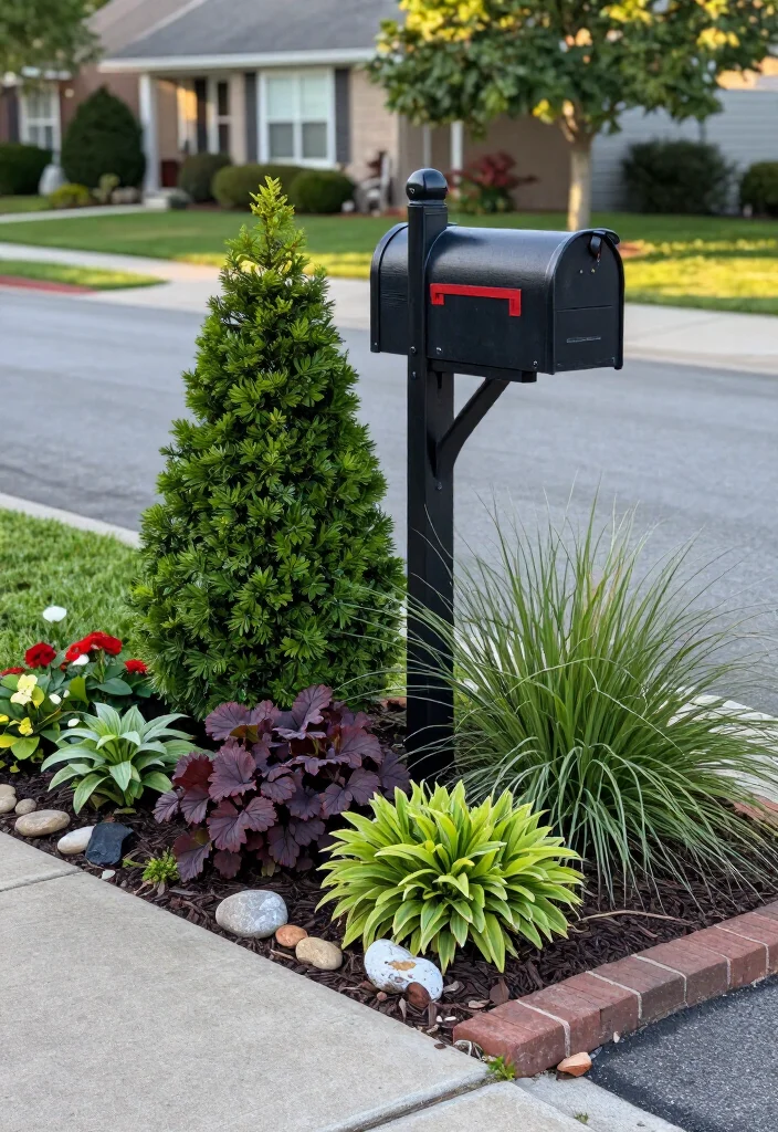 17+ Mailbox Landscaping Ideas That'll Make Your Curb Appeal Impossible to Ignore (#9 Is Seriously Stunning!) - 3. Evergreen Layers for Year-Round Color 1