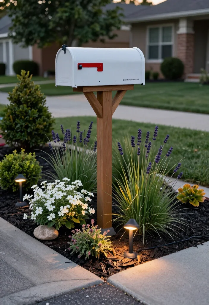 17+ Mailbox Landscaping Ideas That'll Make Your Curb Appeal Impossible to Ignore (#9 Is Seriously Stunning!) - 4. A Softly Lit Mailbox Bed 1
