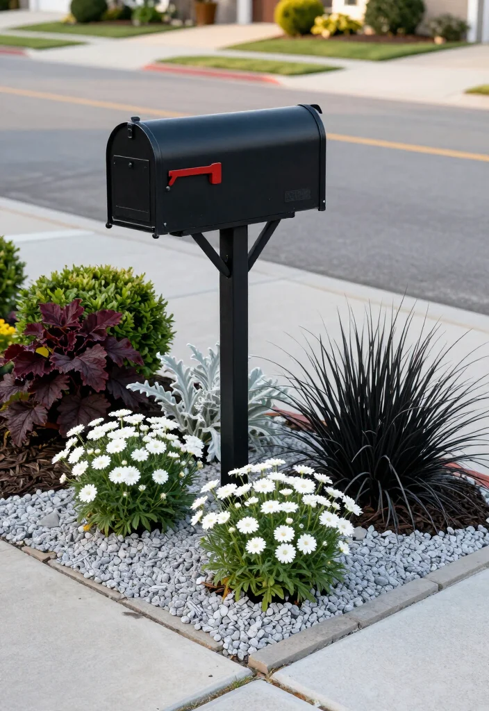 17+ Mailbox Landscaping Ideas That'll Make Your Curb Appeal Impossible to Ignore (#9 Is Seriously Stunning!) - 7. Black-and-White Contrast That Feels Fresh 1