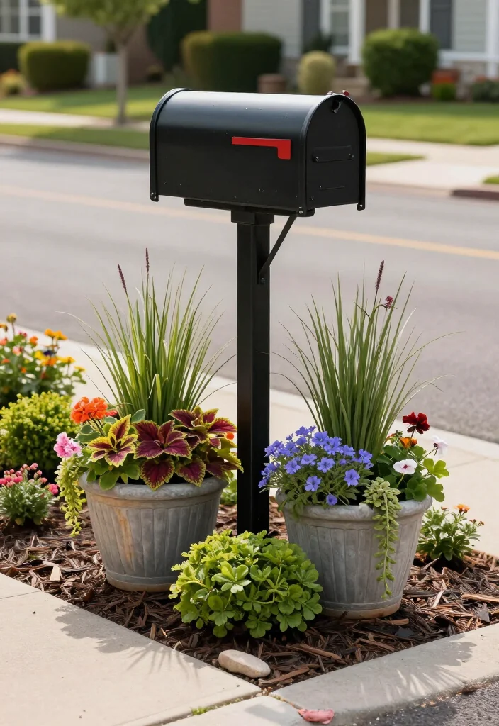 17+ Mailbox Landscaping Ideas That'll Make Your Curb Appeal Impossible to Ignore (#9 Is Seriously Stunning!) - 8. Two Matching Planters at the Base 1