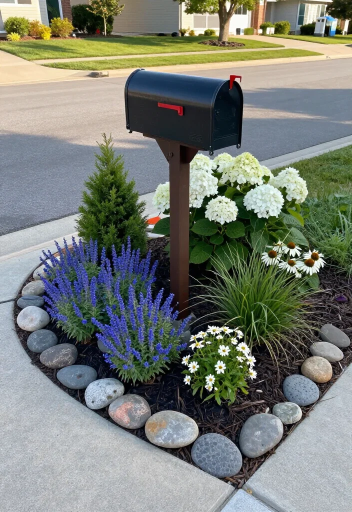 17+ Mailbox Landscaping Ideas That'll Make Your Curb Appeal Impossible to Ignore (#9 Is Seriously Stunning!) - 9. A Curved Stone Garden with Blue and White Blooms 1
