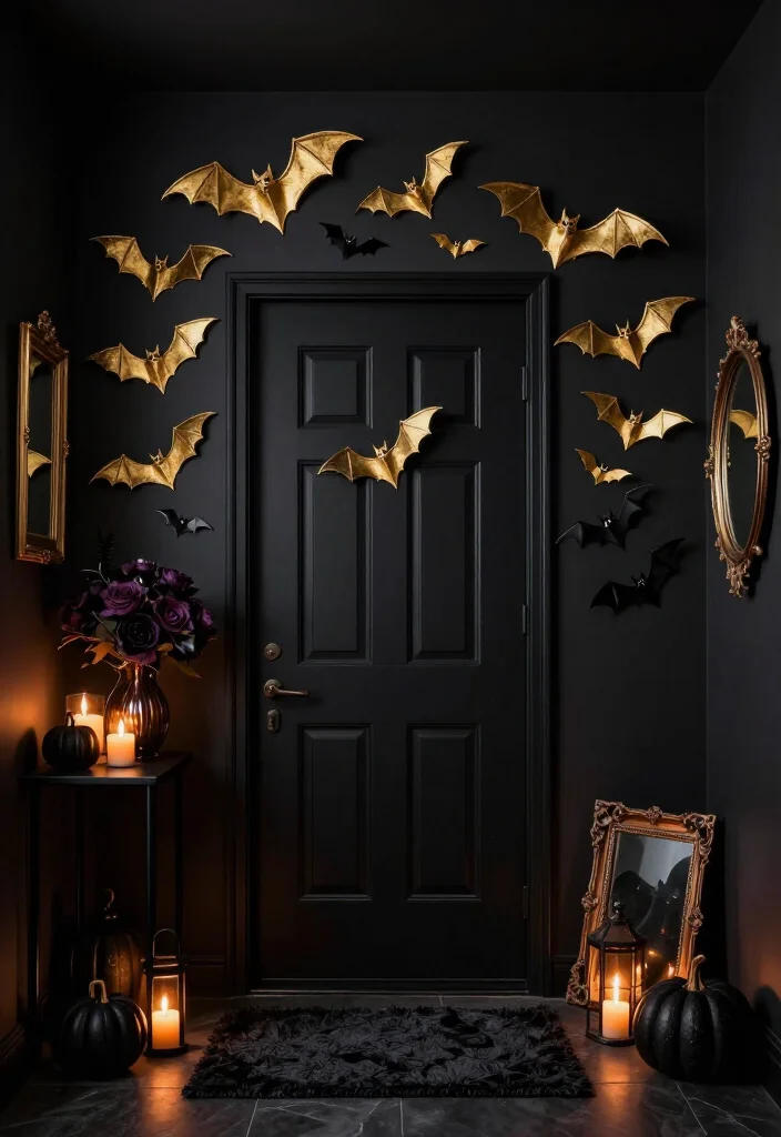 17 Moody Halloween Entryway Ideas That Turn Your Foyer Into a Gold Bat Fantasy - 1. Create a Gold Bat Halo Around the Front Door 1