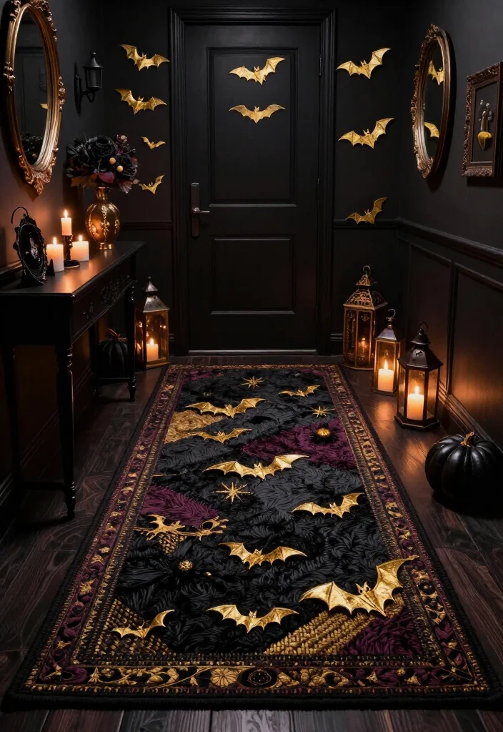 17 Moody Halloween Entryway Ideas That Turn Your Foyer Into a Gold Bat Fantasy - 10. Ground the Space With a Textured Black-and-Plum Rug 1