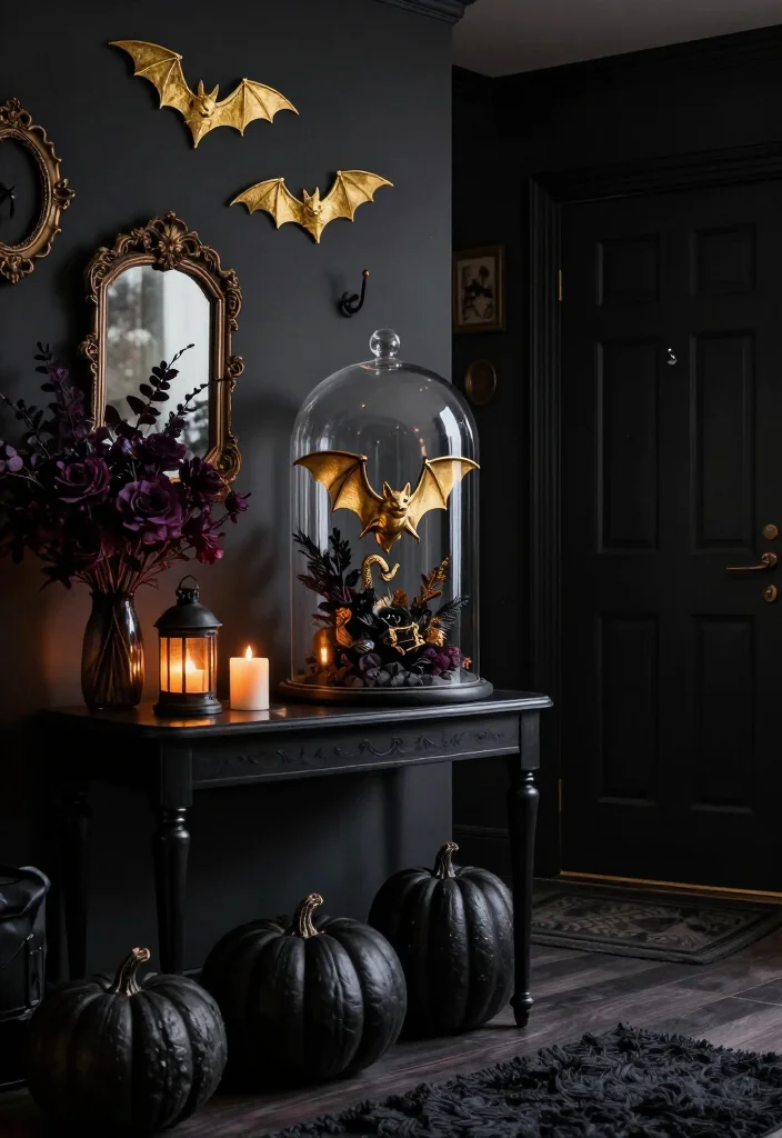 17 Moody Halloween Entryway Ideas That Turn Your Foyer Into a Gold Bat Fantasy - 11. Style a Small Bat Display Under a Glass Cloche 1