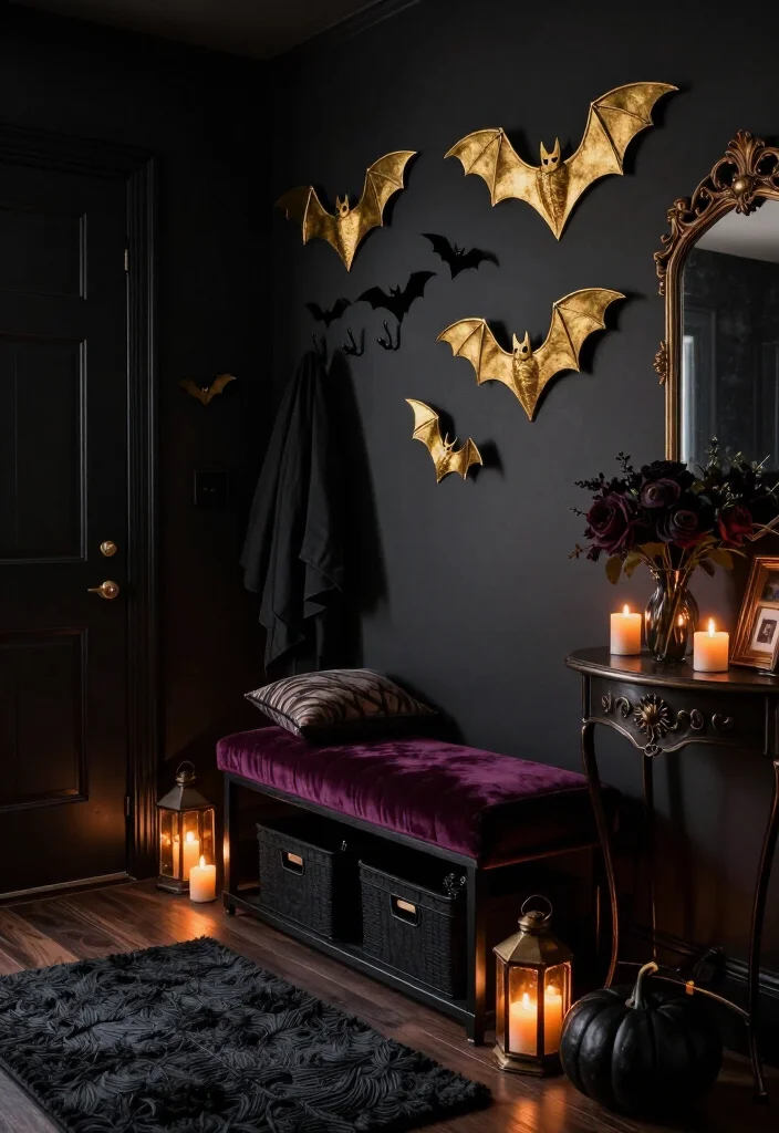 17 Moody Halloween Entryway Ideas That Turn Your Foyer Into a Gold Bat Fantasy - 12. Add a Deep Plum Bench for a Soft Gothic Touch 1