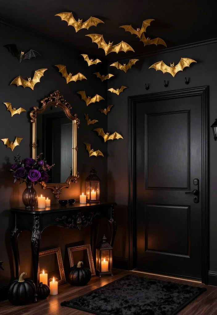 17 Moody Halloween Entryway Ideas That Turn Your Foyer Into a Gold Bat Fantasy - 13. Arrange the Bats in an Asymmetrical Flight Path 1