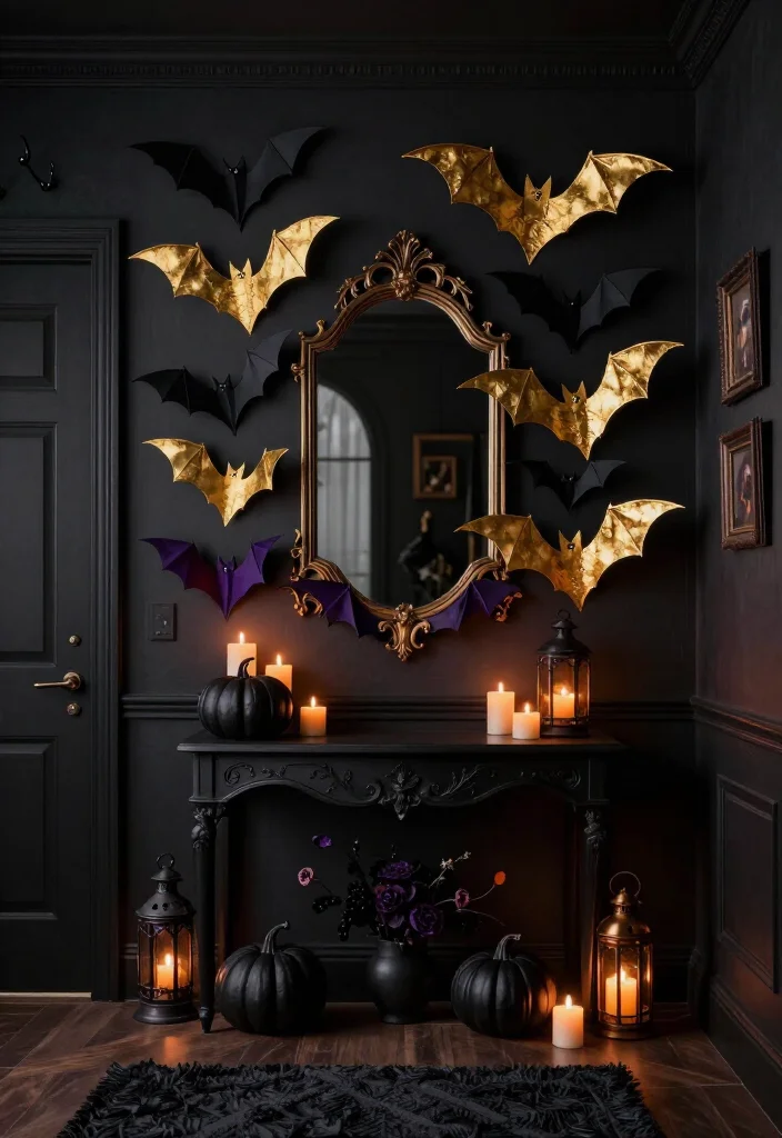 17 Moody Halloween Entryway Ideas That Turn Your Foyer Into a Gold Bat Fantasy - 14. Mix Handmade Paper Bats With Metal Decorations 1