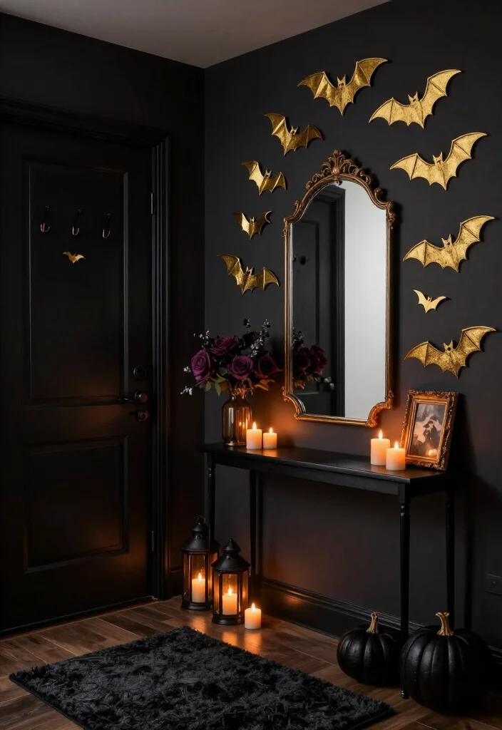 17 Moody Halloween Entryway Ideas That Turn Your Foyer Into a Gold Bat Fantasy - 15. Use Removable Gold Bat Decals in a Rental Foyer 1