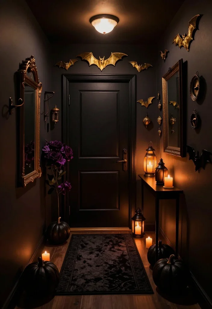 17 Moody Halloween Entryway Ideas That Turn Your Foyer Into a Gold Bat Fantasy - 16. Layer a Tiny Foyer With Three Levels of Lighting 1