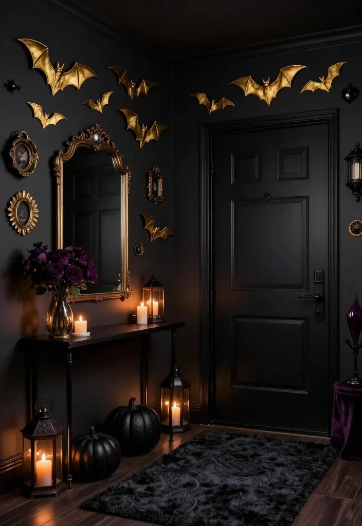 17 Moody Halloween Entryway Ideas That Turn Your Foyer Into a Gold Bat Fantasy - 17. Finish With a Collected Gold Bat Foyer Formula 1