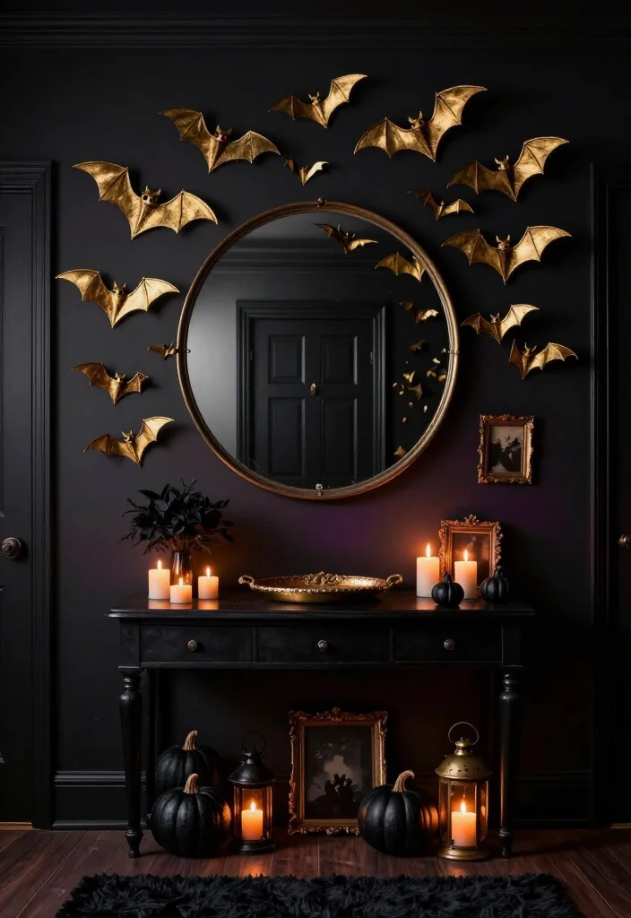 17 Moody Halloween Entryway Ideas That Turn Your Foyer Into a Gold Bat Fantasy - 2. Let a Bat Swarm Drift Above the Console Table 1