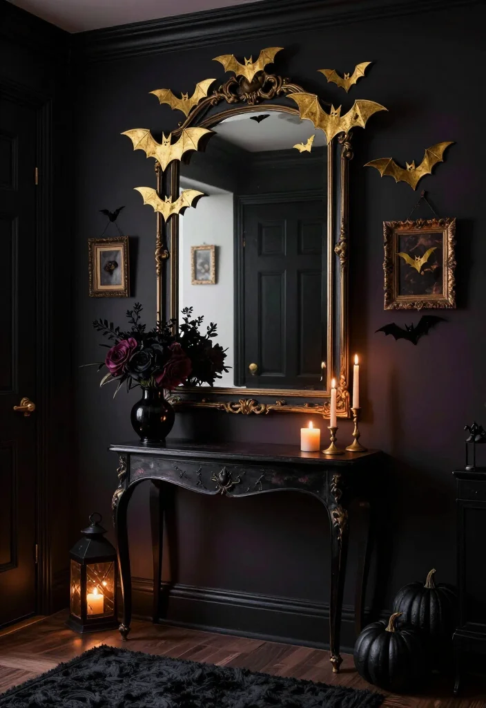 17 Moody Halloween Entryway Ideas That Turn Your Foyer Into a Gold Bat Fantasy - 3. Turn an Antique Mirror Into the Main Spooky Focal Point 1