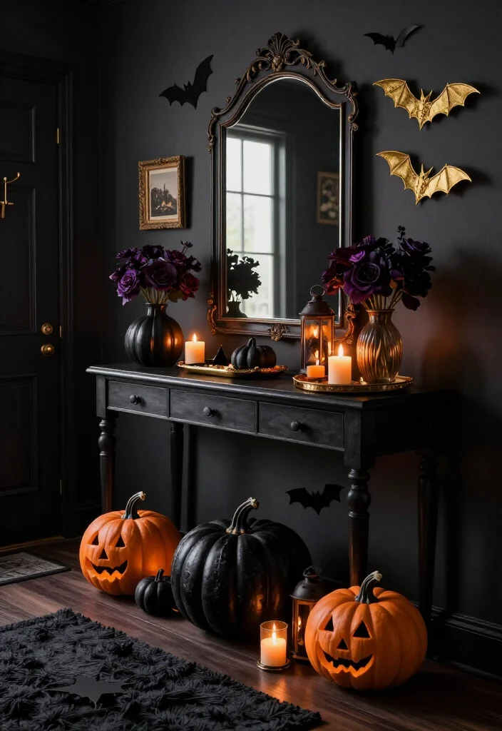 17 Moody Halloween Entryway Ideas That Turn Your Foyer Into a Gold Bat Fantasy - 4. Build a Layered Black Pumpkin Console 1