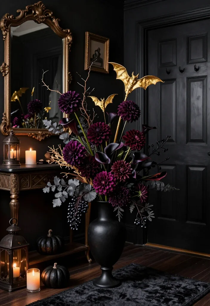 17 Moody Halloween Entryway Ideas That Turn Your Foyer Into a Gold Bat Fantasy - 6. Add a Dark Floral Arrangement With Gold Bat Stems 1