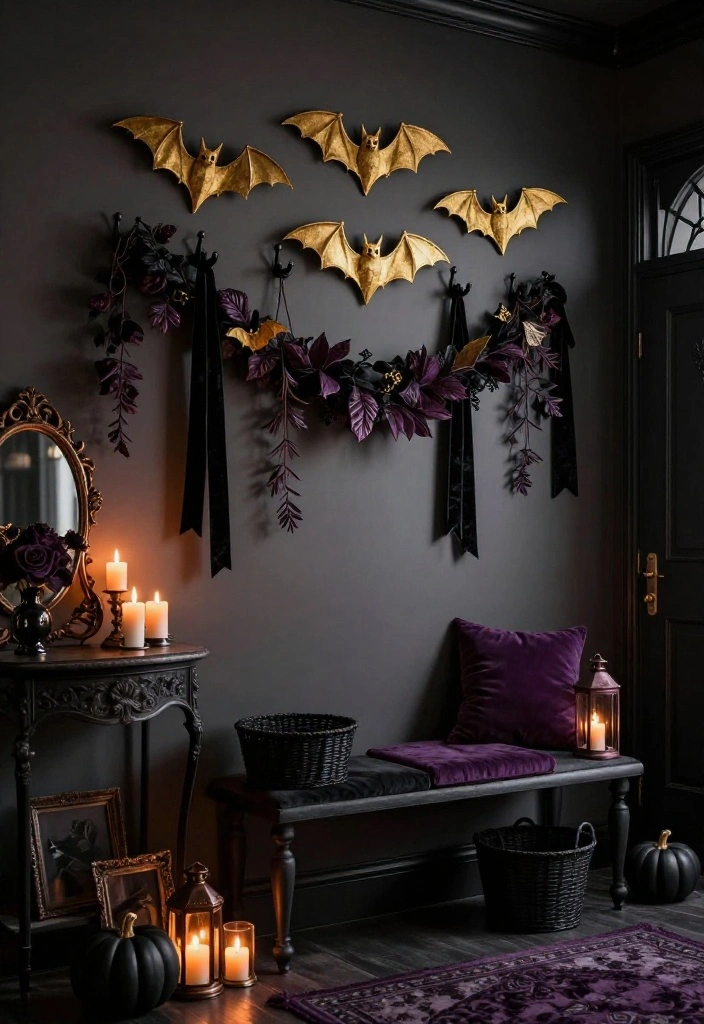 17 Moody Halloween Entryway Ideas That Turn Your Foyer Into a Gold Bat Fantasy - 7. Hang a Gold Bat Garland From the Coat Hooks 1