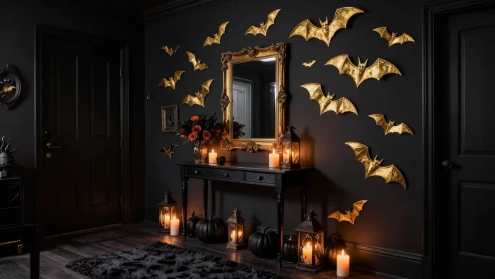 17 Moody Halloween Entryway Ideas That Turn Your Foyer Into a Gold Bat Fantasy